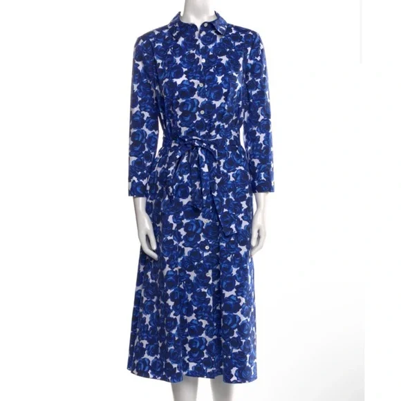 Carolina Herrera cotton Blue and White Floral Long Sleeve self-tie belt Dress - Picture 2 of 11